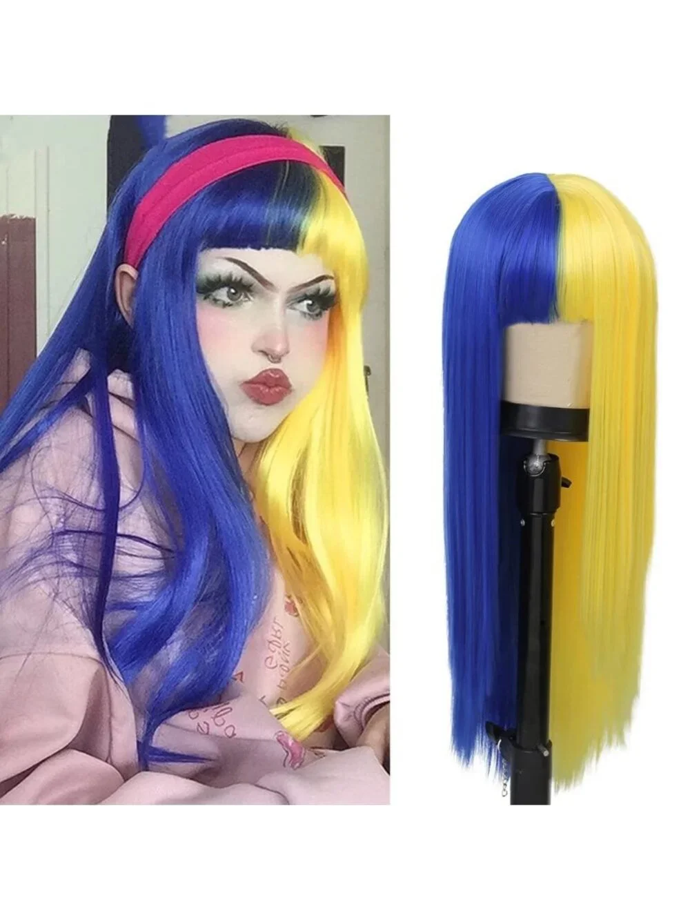 Women's Blue Yellow Long Curly Wig With Wavy Synthetic Cosplay Halloween Wig